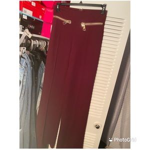 Burgundy dress pants with gold zippers
